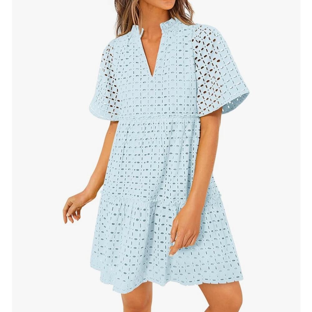 Sky Blue Eyelet Midi Dress with V-Neck